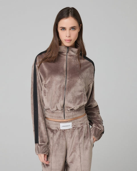 HINNOMINATE Felpa Full Zip In Ciniglia Con Banda In Lurex • Fango  HMABW02045