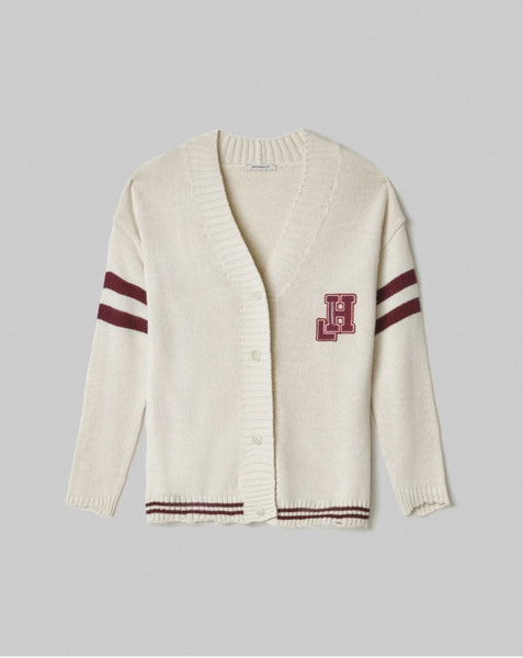 HINNOMINATE Maglia Cardigan Con Rotture, Righe E Patch College • Bianco Burro HMABW02087