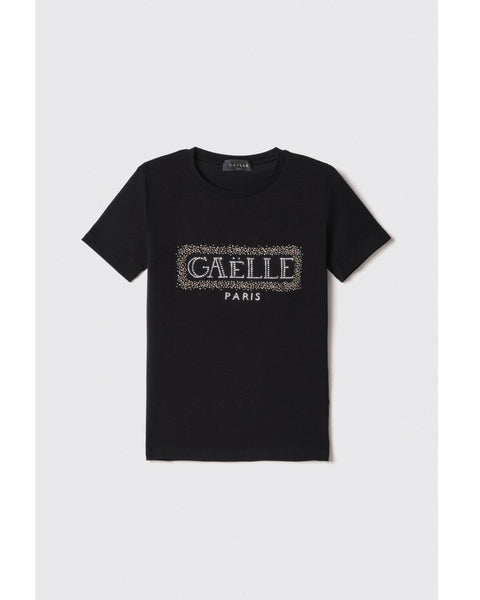 GAELLE PARIS T-shirt paricollo con logo in strass+borchie • Nero GAABW05735