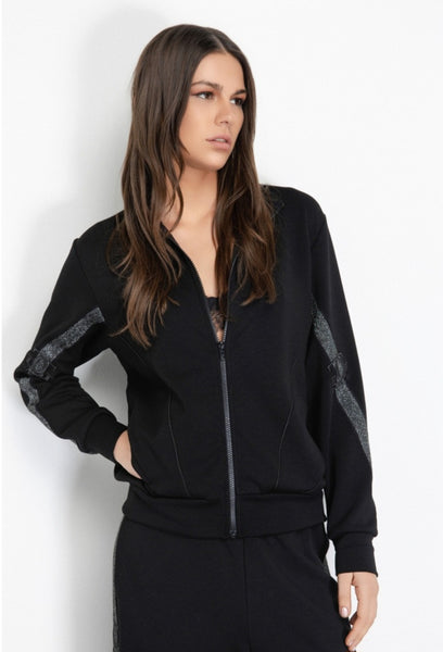 GAELLE PARIS Felpa Zippata Con Tasche A Filetto E Applicazione Bande Lurex • Nero - GAABW07600