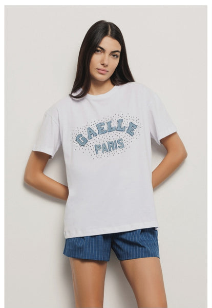 GAELLE PARIS TSHIRT  GAABW04592 T shirt in jersey paricollo con ricamo • Bianco