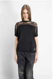 GAELLE PARIS T-Shirt Paricollo Mezza Manica Con Inserto In Pizzo Nero Personal. Strass • Nero - GAABW08320