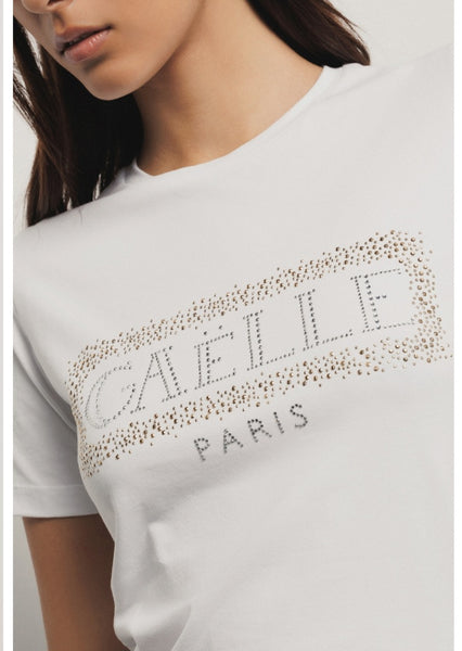 GAELLE PARIS T-shirt paricollo con logo in strass+borchie • Bianco GAABW05735